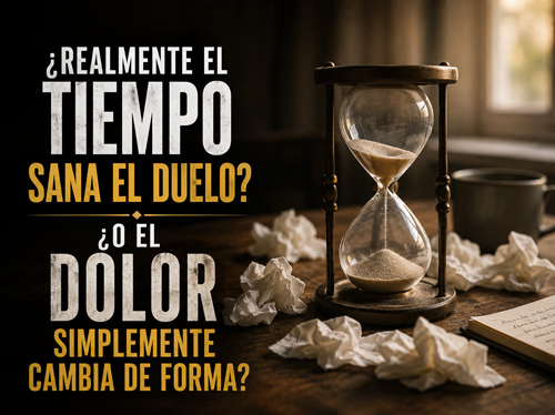 Un reloj de arena sobre una mesa, rodeado de pañuelos usados.