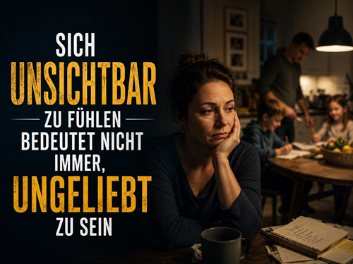 Gestresste Frau allein am Schreibtisch, während ihre Familie hinter ihr am Küchentisch sitzt.