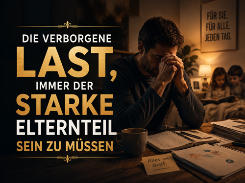 Ein Mann sitzt gestresst am Tisch und hält den Kopf in den Händen, während im Hintergrund Kinder lesen.