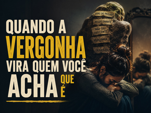 Uma mulher agachada com uma pedra, com a sombra da vergonha pairando sobre ela
