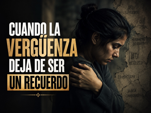 Una mujer se abraza a sí misma junto a un mapa de su vergüenza en la pared que tiene detrás.