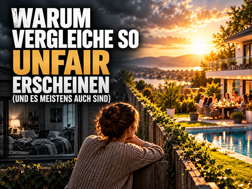 Eine Frau sitzt in ihrem hässlichen Garten und blickt über den Zaun auf das Haus ihrer schönen Nachbarin.